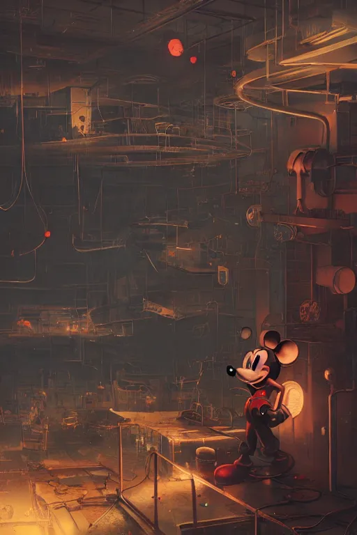 Image similar to mechanics fixing bloody mickey mouse head, mechanic facility, made by beeple, cgsociety, artgerm, greg rutkowski, highly detailed intricate 4 k art, low light cinematic, octane render, unreal engine,