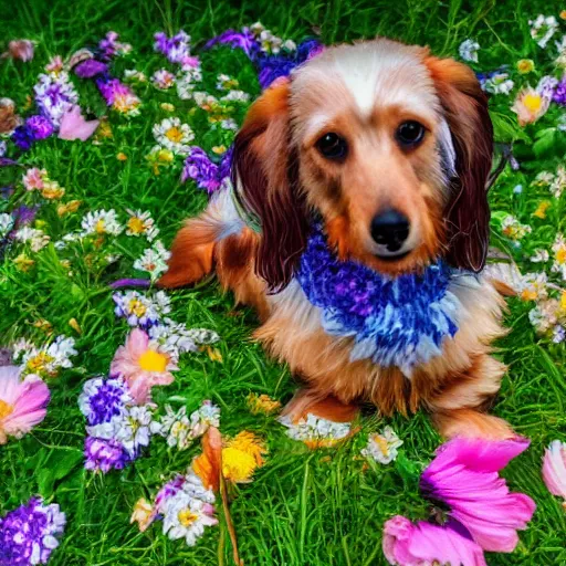 Prompt: long haired dachshund shi tzu mix laying on a bed of multi-color flowers and grass in a beautiful forest, golden hour, Renoir