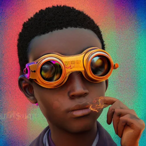 Image similar to colourful vfx portrait - art of a nigerian boy wearing steam punk goggles, art by utagawa kunisada & james jean, digital illustration, digital render, volumetric light, ray tracing, symmetrical, unreal engine, octane 3 d render, sharp, detailed, highly detailed, intricate detail, pinterest, behance, art station,