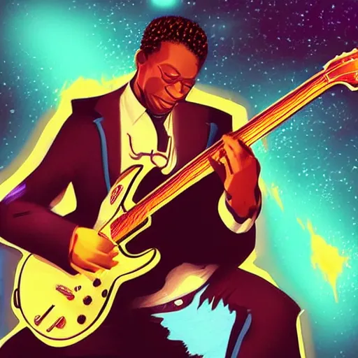 Image similar to a BB King guitarist playing so intensely there is electricity shooting out from his guitar, energy beams under his finger tips, and magic sparkles from the freboard, amazing ditial art, trending on artstation, featured on deviantart