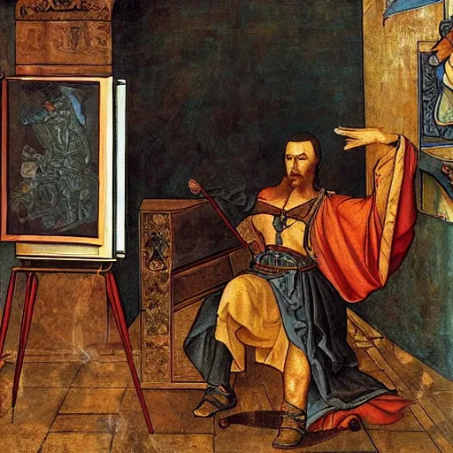 Prompt: attila the hun using imac desktop pc to send emails but is getting visibly annoyed at technology da vinci style painting