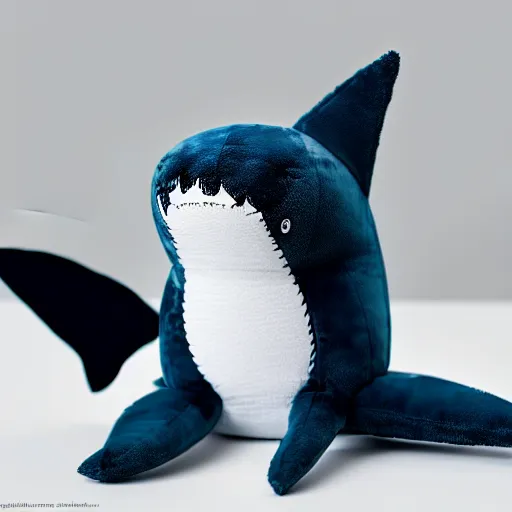 Prompt: beautiful photograph of a cute minimal shark plush, advert, magazine, studio