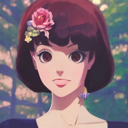 Image similar to portrait of a beautiful girl with dark hair dressed in 1950's fashion, park background, rich vivid colors, ambient lighting, dynamic lighting, 4k, official media, anime key visual, makoto shinkai, ilya kuvshinov, lois van baarle, rossdraws, detailed, trending on artstation