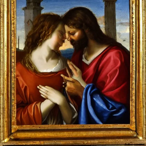 Image similar to 1 8 th oil panting of a jesus coupling with maria maddalena