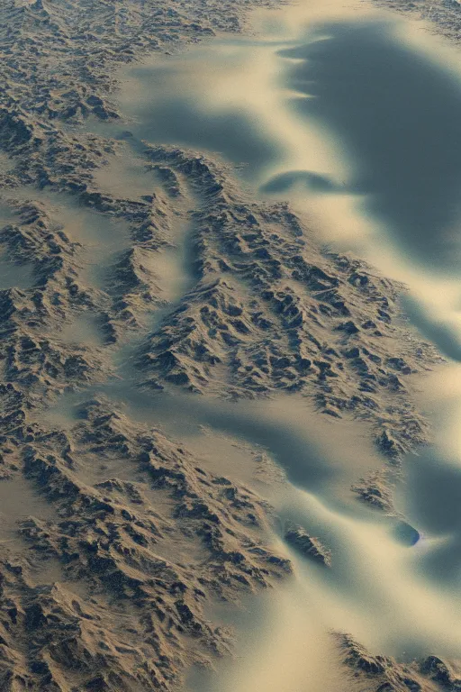 Prompt: aerial view of dense river delta and tsunami waves by hiroshi yoshida, roger deakins, turner, rothko, full height fluid simulation in houdini, distant mountain range, hyperrealism, moorland, matte painting, prometheus, trending on artstation, 8 k very hight detail, rendered in octane