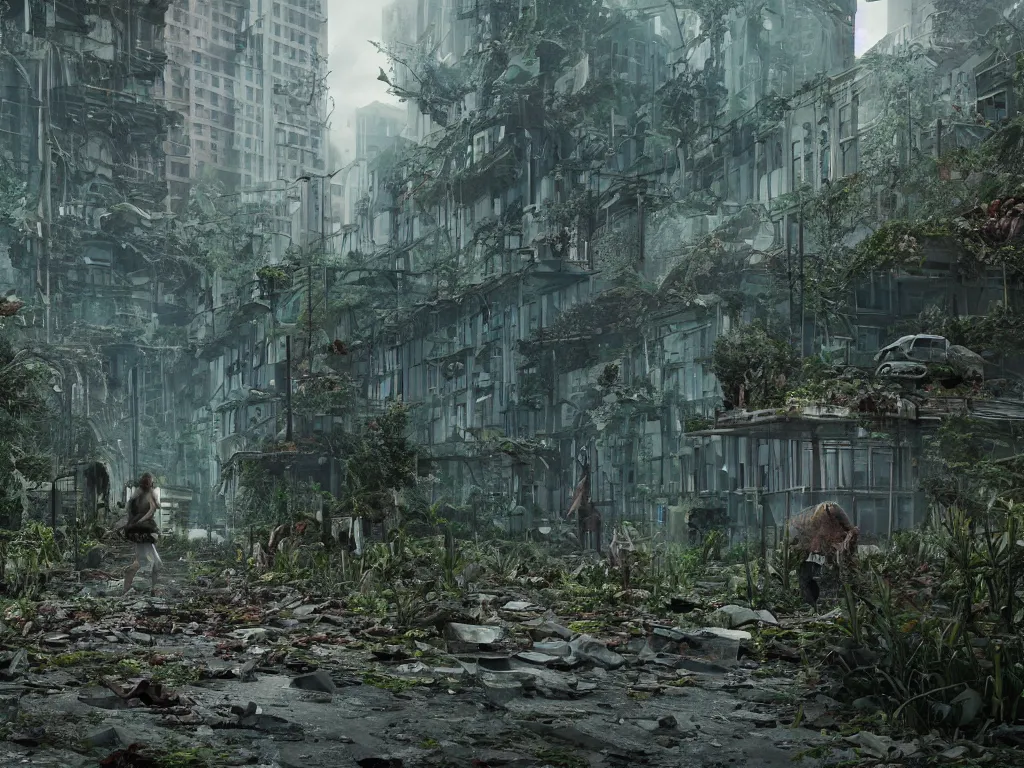 Prompt: an abandoned overgrown city, small amount of zombies lurking around, plants everywhere, windows broken, sole traveler walking in the middle, highly detailed, octane render, cinematic, shock, sharp focus