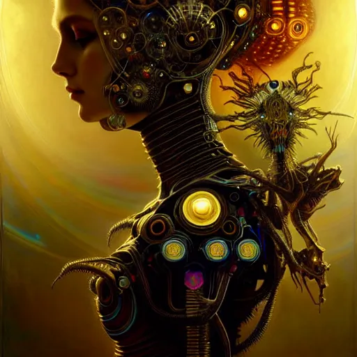 Prompt: extremely psychedelic beautiful cyborg virus infected by night. intricate, elegant, highly detailed, extremely lifelike photorealistic digital painting, artstation. steichen, gaston bussiere, tom bagshaw, cyberpunk alphonse mucha. totally elegant. anatomically correct. sharp focus. black and gold. surreal lush cosmic hallucination