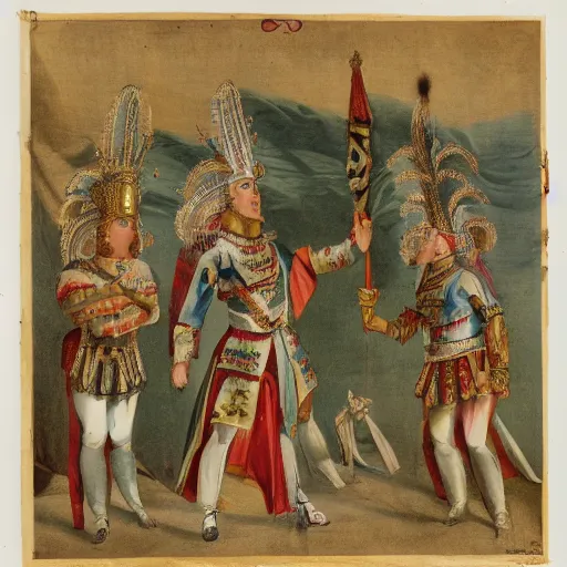 Prompt: an ornately costumed xerxes at the head of an army dressed by bax luhrman