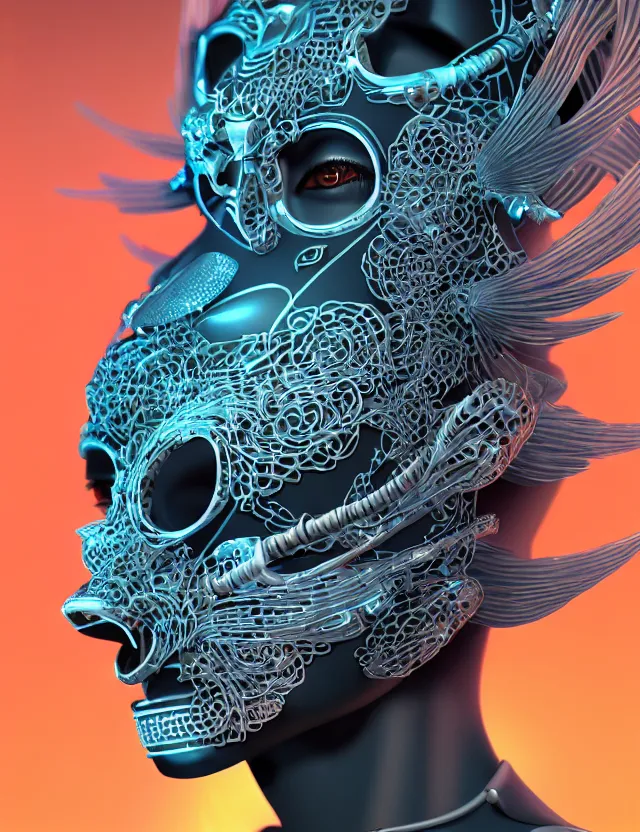 Image similar to 3 d goddess close - up profile simple portrait cybernetic with skull. beautiful intricately detailed japanese crow kitsune mask and clasical japanese kimono. betta fish, jellyfish phoenix, bio luminescent, plasma, ice, water, wind, creature, artwork by tooth wu and wlop and beeple and greg rutkowski