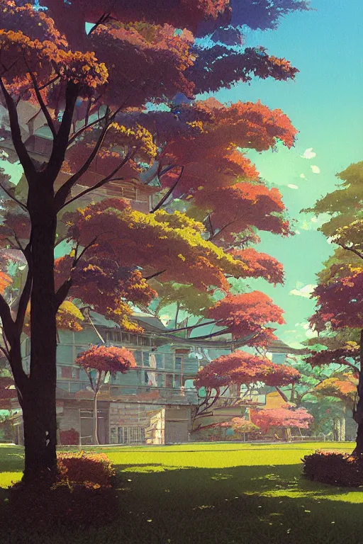 Image similar to a colorful high school building with beautiful trees, morning, by studio ghibli painting, superior quality, masterpiece, traditional Japanese colors, by Grzegorz Rutkowski, concept art