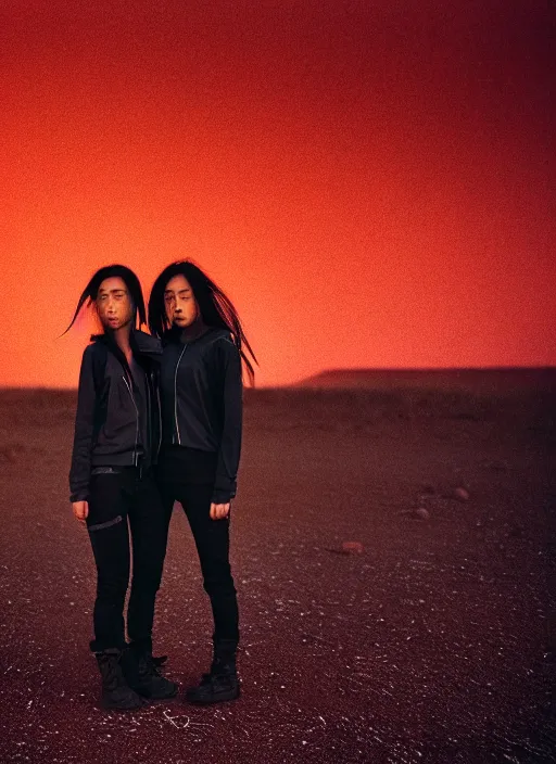 Image similar to cinestill 5 0 d photographic portrait of two loving female androids wearing rugged black techwear on a desolate plain with a red sky, extreme closeup, lizard on ground, cyberpunk style, in front of a brutalist dark metal facility, dust storm, 8 k, hd, high resolution, 3 5 mm, f / 3 2, ultra realistic faces