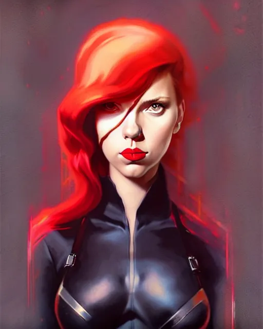 Image similar to peter mohrbacher, phil noto, artgerm, pretty scarlett johansson black widow, symmetrical eyes, long red hair