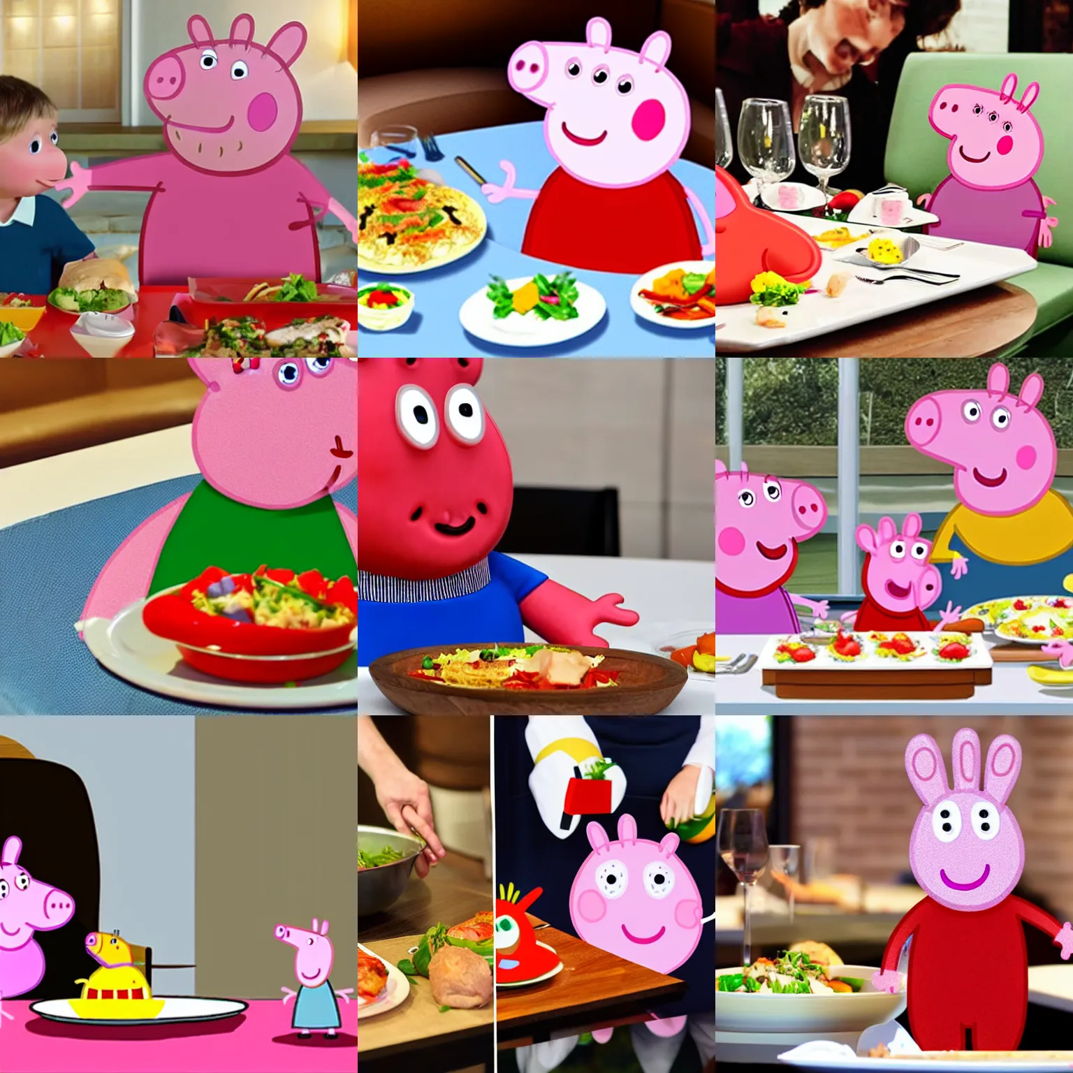 Prompt: the head of peppa pig is being served as prepared food at a dinner table