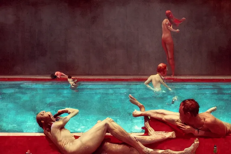 Prompt: Red People at a swimming pool in the style of Francis Bacon and Norman Rockwell and Frank Lloyd Wright , by Bastien Lecouffe-Deharme, dark atmopshere, James Jean, Edward Hopper, trending on artstation, Peter Doig masterpiece, 4k, HD