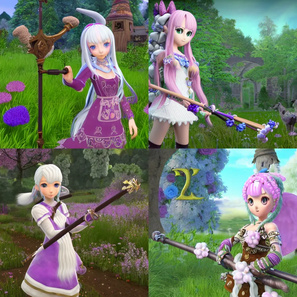 Prompt: 3d female character model, Rune Factory 5, hand painted textures on model, with long platinum hair, has purple eyes, holding an ornate staff, fantasy, Nintendo Switch, colorful, Little Bo Peep, Spring, fluffy sheep in the background next to her, forest, ue4, midday, petals in the wind, cinematic