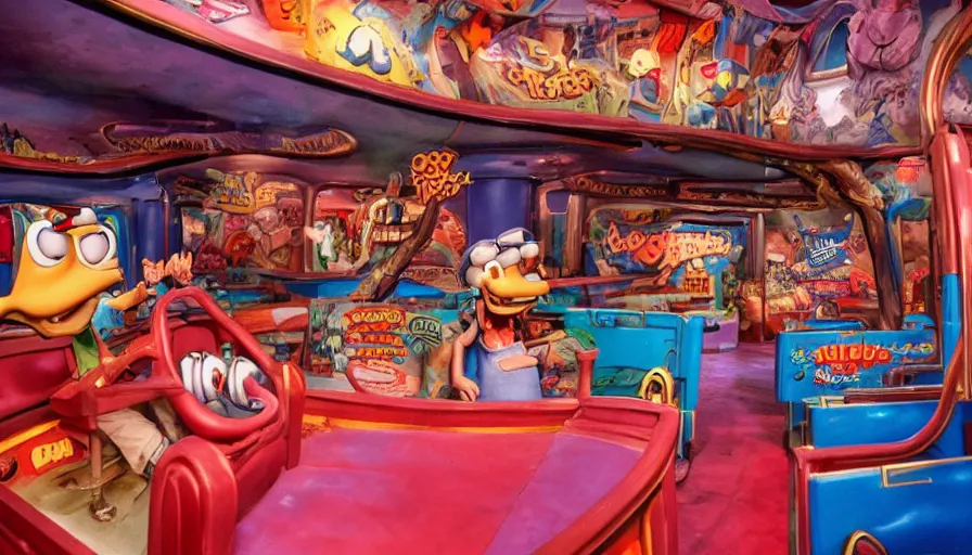 Image similar to 1990s photo of inside the Ren & Stimpy ride at Universal Studios in Orlando, Florida, cinematic, UHD