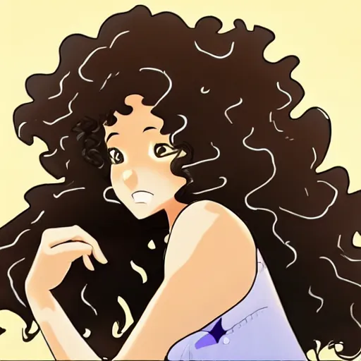 Image similar to A brown skinned woman with black curly hair as an anime character