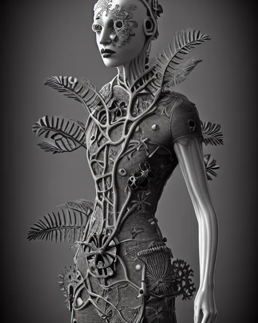 Image similar to monochrome 3 d model, 1 9 3 0 picture, floral steampunk biomechanical beautiful young female cyborg with porcelain profile face and a techno eye, volumetric light, leaves foliage and stems, hibiscus flowers, boho vines, sinuous fine roots, fine foliage lace, alexander mcqueen, rim light, big gothic fashion pearl embroidered collar, octane render, 8 k