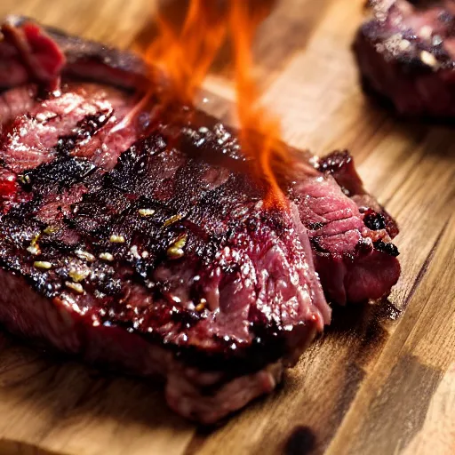 Image similar to explosion fireball sending meat everywhere wagyu steak gourmet food photography