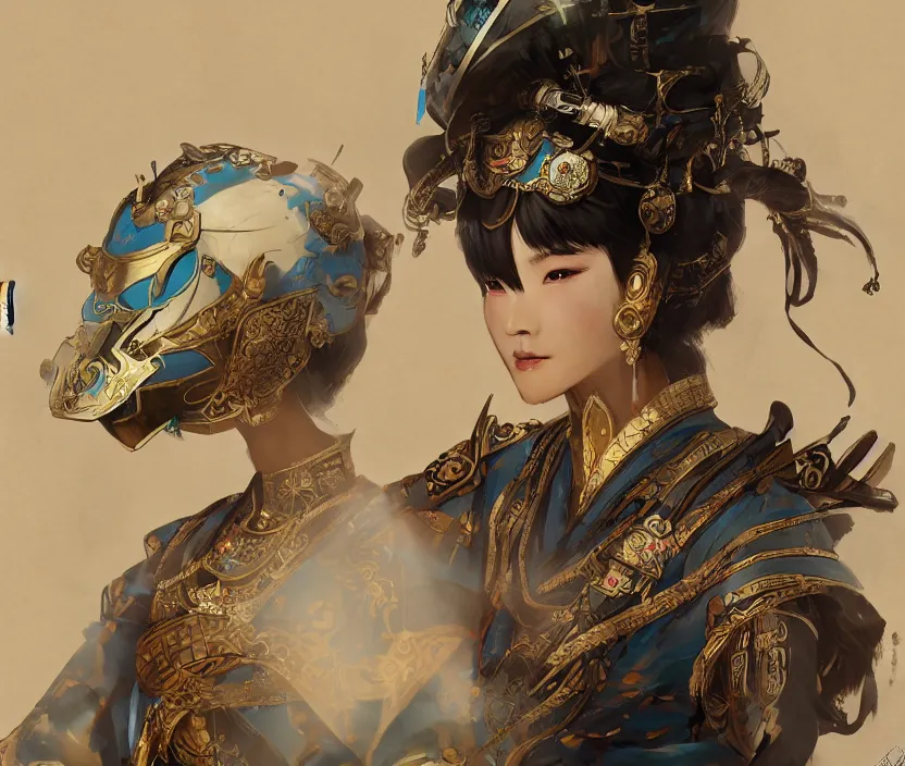 Image similar to ancient chinese princess with steampunk mask, dynasty warriors, elegant, unreal engine, 8 k, blue color scheme, headshot, highly detailed, smooth, ink painting, artstation, concept art, in style of yoji shinkawa, pan ren wei, col price, atey ghailan, by greg rutkowski, aesthetic