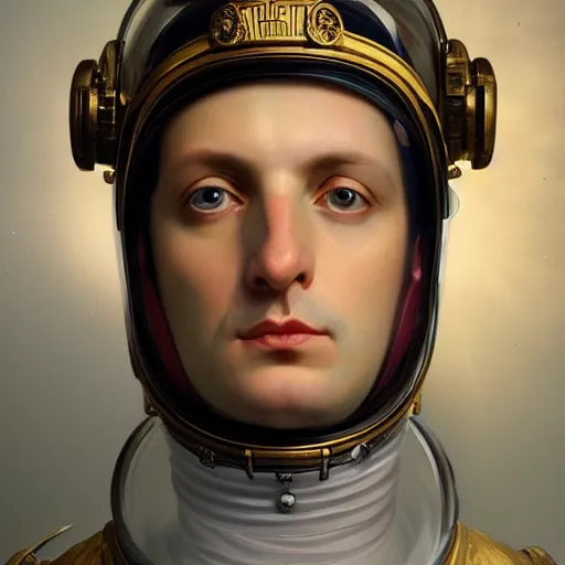 Prompt: portrait of divine emperor napoleon bonaparte, astronaut, glass visor, handsome, tall, dieselpunk steampunk napoleonic french baroque, metal shoulder pauldrons, intricate, highly detailed, digital painting, artstation, concept art, sharp focus, cinematic lighting, illustration, art by artgerm and greg rutkowski, alphonse mucha, cgsociety