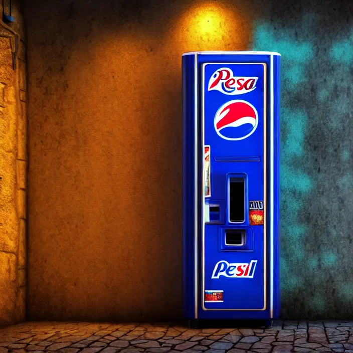 Prompt: pepsi vending machine outside a medieval house in a fantasy village. extremely high details, realistic, fantasy art, cinematic, octane render, volumetric lighting, depth of field, bokeh, masterpiece, artstation contest winner, art by johannen voss, frank frazetta