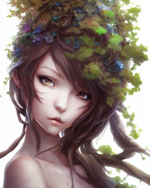 Image similar to character costume concept art of an anime dryad | | cute - fine - face, pretty face, realistic shaded perfect face, fine details by stanley artgerm lau, wlop, rossdraws, james jean, andrei riabovitchev, marc simonetti, and sakimichan, trending on artstation