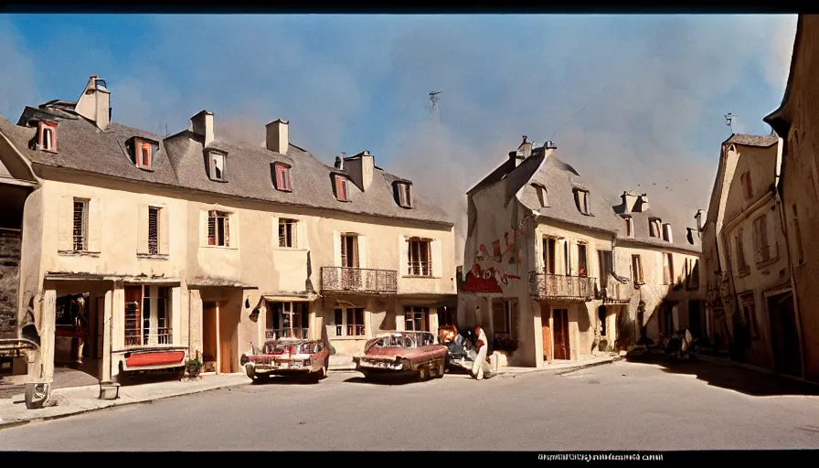 Prompt: 1 9 6 0 s movie still of a burning french style townhouse in a small french village, cinestill 8 0 0 t 3 5 mm technicolor, high quality, heavy grain, high detail, dramatic light, ultra wide lens, panoramic, anamorphic, flares