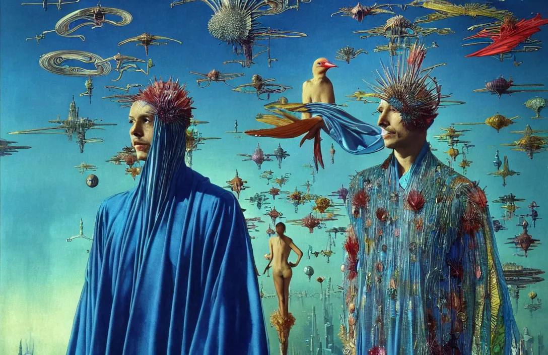 Image similar to realistic detailed portrait movie shot of a birdman wearing reflective transparent robes, sci fi city landscape background by denis villeneuve, amano, yves tanguy, alphonse mucha, ernst haeckel, max ernst, roger dean, masterpiece, rich moody colours, blue eyes