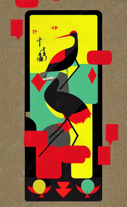 Prompt: poker card style, simple, modern look, colorful, japanese crane bird symbol in center, pines symbols, trading card front, turchese and yellow and red and black, vivid contrasts, for junior, smart design, backed on kickstarter