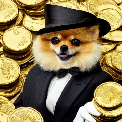 Prompt: a tan pomeranian wearing a top - hat and monocle and sitting on large pile of featureless gold coins