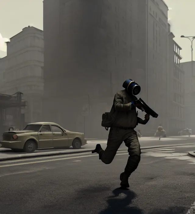 Prompt: a man wearing gas mask, holding shotgun, running on the street full of people, no one notice him. concept art, unreal engine 5, maya