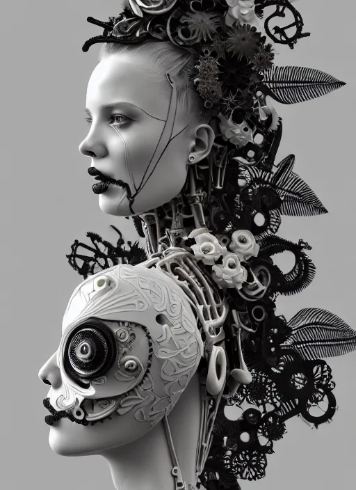 Image similar to monochrome 3 d model, biomechanical beautiful young female cyborg with porcelain profile face and a big floral eye, volumetric light, leaves foliage and stems, hibiscus flowers, boho floral vines, sinuous fine roots, fine foliage lace, alexander mcqueen, rim light, big gothic fashion pearl embroidered collar, steampunk, octane render, 8 k