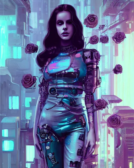 Image similar to portrait of lana del rey as a cyberpunk cyborg. roses, sci - fi, missing panels, intricate abstract, upper body, intricate artwork, by tooth wu, wlop, beeple, dan mumford. concept art, 8 k octane render, deviantart, greg rutkowski, cinematic, key art, hyperrealism, iridescent accents