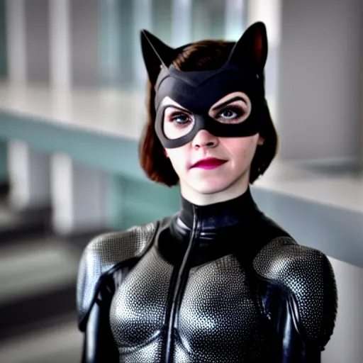 Image similar to Emma Watson as Catwoman, XF IQ4, f/1.4, ISO 200, 1/160s, UHD, microdetails, Sense of Depth, color and contrast corrected, AI enhanced, HDR, in-frame