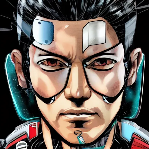 Prompt: portrait of a japanese male android, by MARVEL comics and Sandra Chevrier