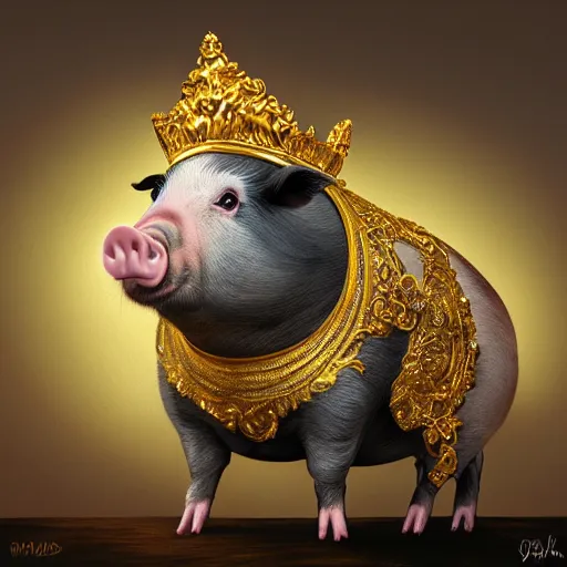 Image similar to an epic painting of a proudly standing pig wearing a gold crown, oil on canvas, golden hour, perfect composition, golden ratio, beautiful detailed, photorealistic, digital painting, artstation, concept art, smooth, sharp focus, illustration, fantasy background, artstation trending, octane render, unreal engine