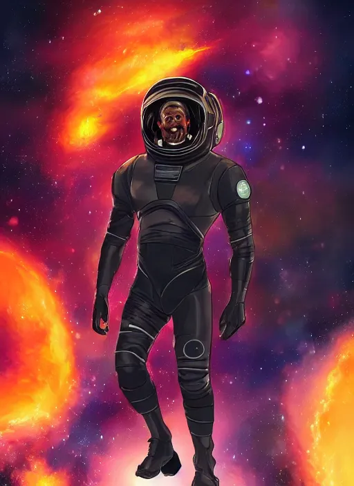 Image similar to black man in an advanced spacesuit without a helmet in front of exploding nebulae, digital illustration trending on artstation by artgerm and rutkowski