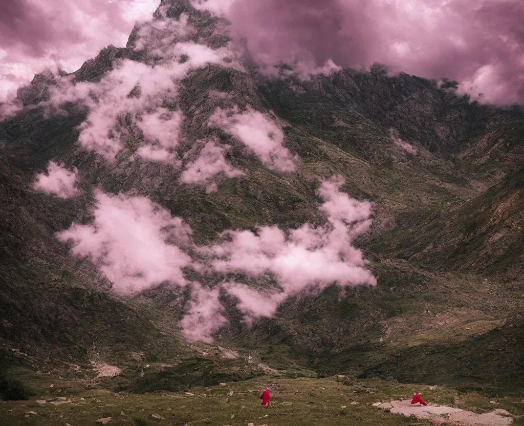 Image similar to a pink monk wandering trough the mountains looking at the clouds very detailed focused photography cinematic lighting by martin parr