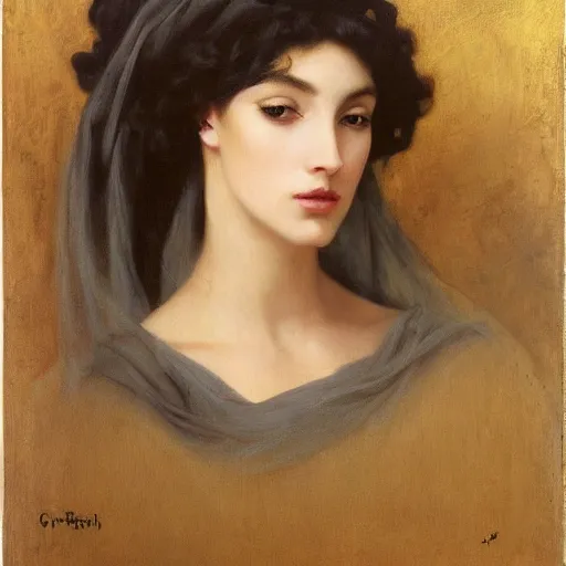 Prompt: oil painting of princess Vulvine, Hungarian, curly dark hair, fair skin, funeral veil, dark ominous by Georgia o Keeffe, by Marcel Jankowicz, by Bouguereau, by Gustave Moreau, concept art, master, realism, romantism