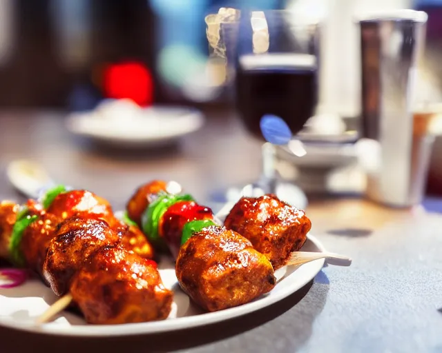 Prompt: 8 5 mm food photography of a eyeballs kebabs at a restaurant with dof and bokeh and wine glasses out of focus in the background. highly detailed 8 k. intricate. lifelike. soft diffused light. nikon d 8 5 0.