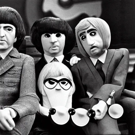 Prompt: stills from puppets movie by gerry anderson about the beatles, that band, vintage film, 1 9 6 0 s