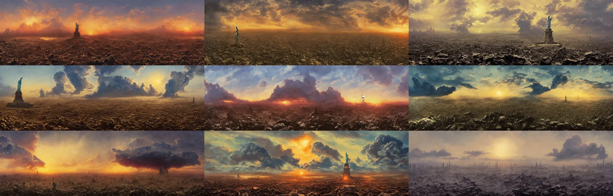Image similar to broken statue of liberty in the middle , giant atomic nuclear war explosion cloud on neptune graveyard wasteland with fog during moody sunset , panoramic cinematic very sharp oil painting by frazetta