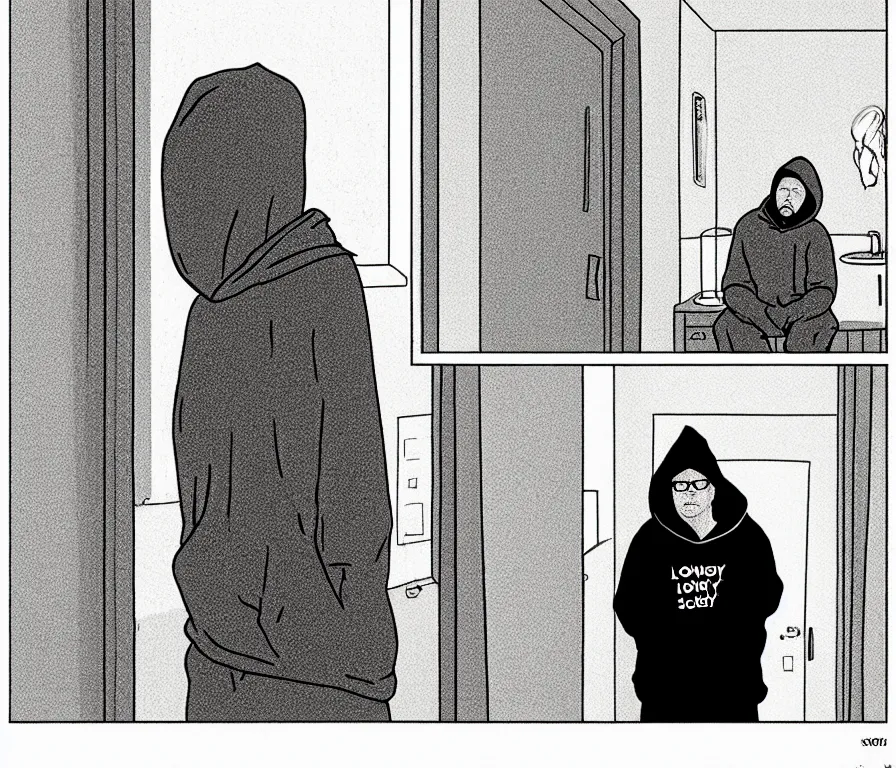 Image similar to todd solondz in hoodie lonely at his empty apartment, knees tucked in | rain falls at night : storyboard, realistic. by gabriel hardman, joe alves, j. todd anderson, chris bonura. cinematic atmosphere, detailed and intricate, perfect anatomy