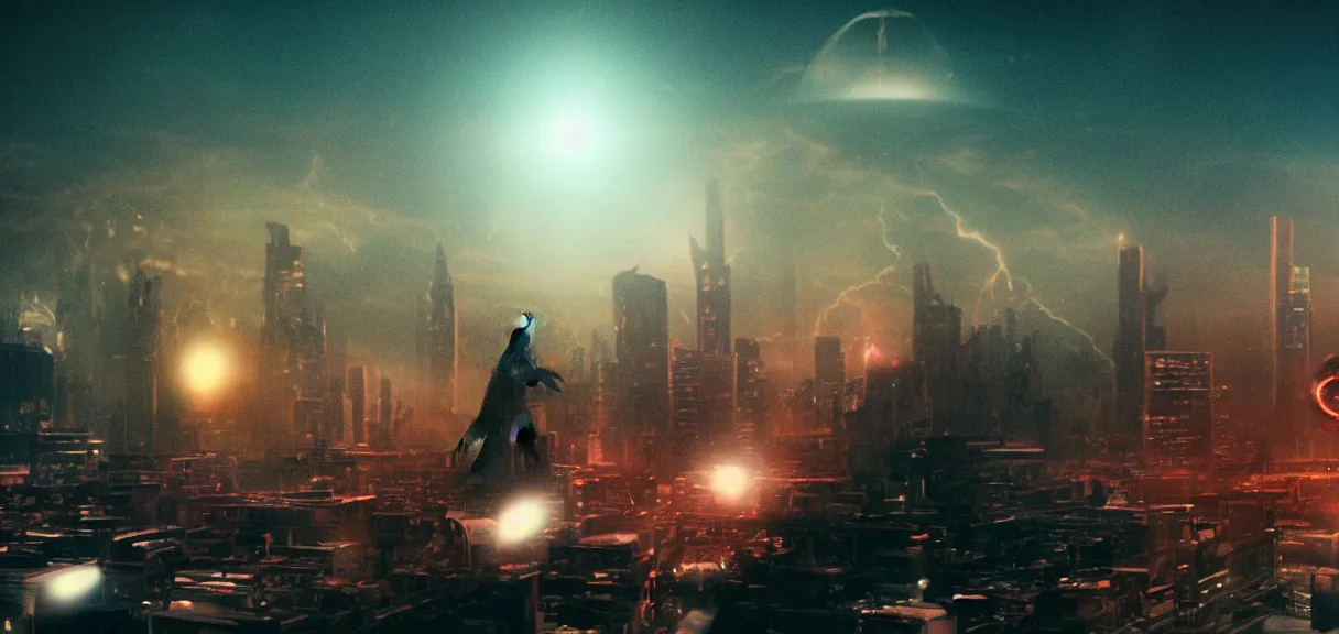 Prompt: The wide shot of Godzilla playing on guitar while aliens destructs the night city, UFO on the horizon line, by Lubezki, Christopher Doyle and David Lynch, anamorphic 35 mm lens, cinematic, anamorphic lens flares 4k