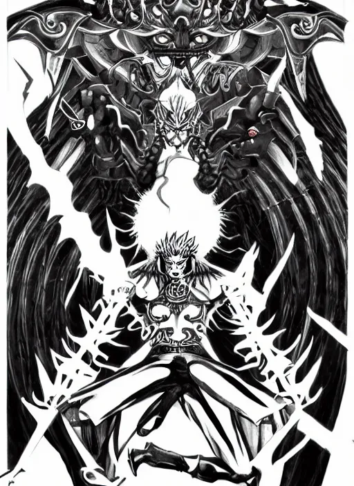 Prompt: shin megami tensei art of a demon called black volga, art by kazuma kaneko, demonic! compedium!, digital drawing, white background, high quality, highly detailed