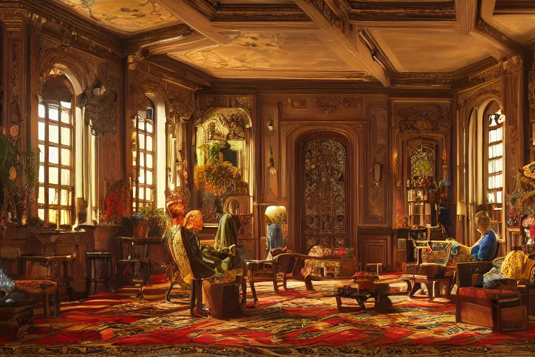 Prompt: a bohemian parlor with sunbeams streaming in from tall windows, by Donato Giancola and Ludwig Deutsch and Evelyn De Morgan, floral embroidery, carved wood, oriental carpets,rich deep color, dramatic cinematic lighting, featured on Artstation, cgsociety, unreal engine