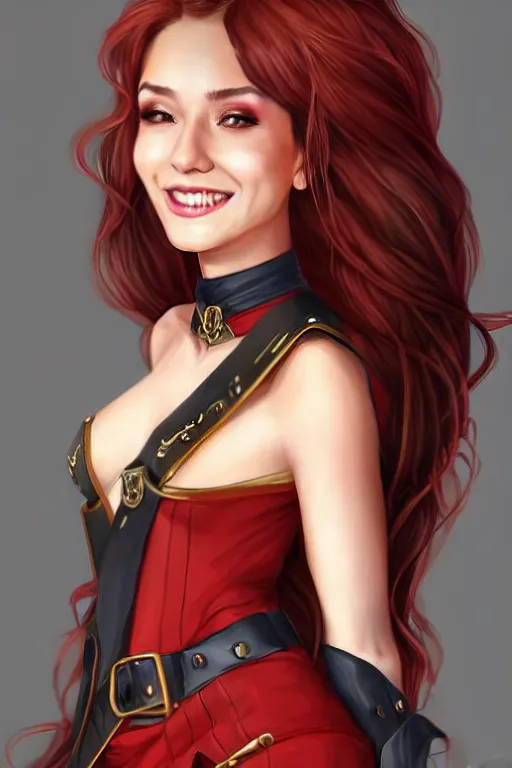 Image similar to a full body portrait of a gorgeous female ranger, looking at camera, D&D, choker on neck, stylish dress, very long flowing red hair, intricate, elegant, stylish, cute slightly nerdy smile, mouth slightly open, fantasy, extremely detailed, digital painting, artstation, concept art, smooth, sharp focus, illustration, stunning lighting, art by artgerm and greg rutkowski and alphonse mucha and simon stalenhag