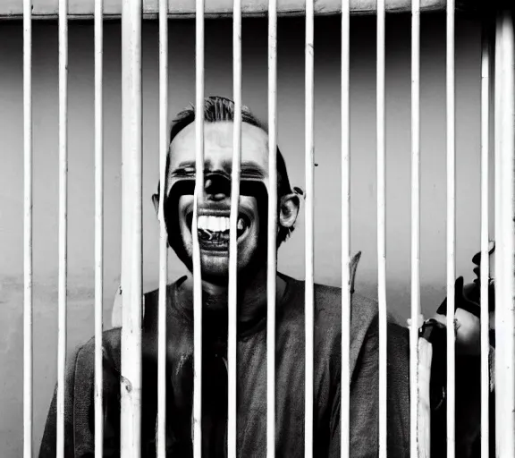 Prompt: Joachim Brohm photo of 'gigachad laughing behind jail bars', high contrast, high exposure photo, monochrome, DLSR