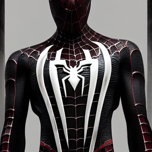 Image similar to concept render of a spiderman with black and white stripes by cedric peyravernay and leon tukker